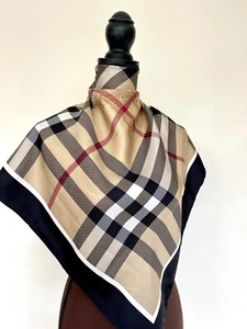 Unisex Burberry Silk Scarf Logo Beige Check Horseferry Black Border Wrap - Picture 1 of 16