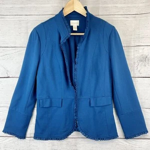 Chico's Teal Blue Blazer Jacket Ruffle Trim Lined Size 1 US M/8 - Picture 1 of 12