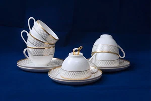 Fine Bone China Set 6 Teetassen 12-tlg. 6 Personen, NEU, Porzellan, Weiss-Gold - Bild 1 von 2