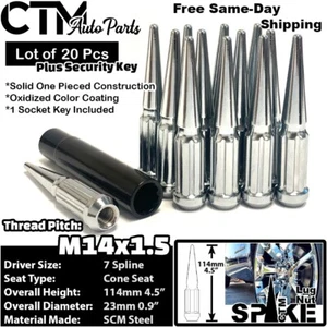 20x 4.5" Tall Chrome 14x1.5 Spline Spike Lug Nuts + Key Fit 300 Dodge Jeep Tesla - Picture 1 of 4