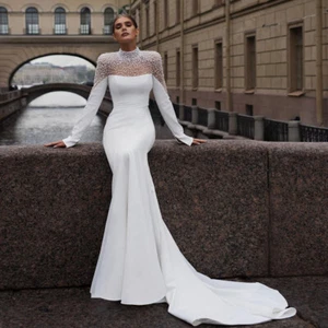 Mermaid High-Neck Wedding Dress Long Sleeve Exquisite Sweep Train Bridal Gowns - Picture 1 of 11