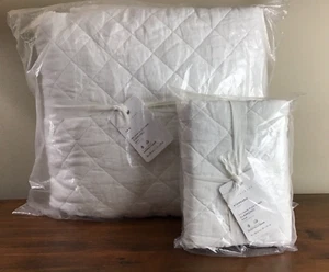 Pottery Barn Belgian Flax Linen Diamond Quilt TWIN WHITE + Standard Pillow Sham - Picture 1 of 7