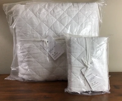 Pottery Barn Belgian Flax Linen Diamond Quilt TWIN WHITE + Standard Pillow Sham - Image 1 of 4
