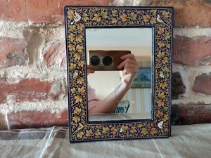 Antiker Kaschmir Gold Zinnober handbemalt über schwarz Lack Spiegel um 1900 - Bild 1 von 14