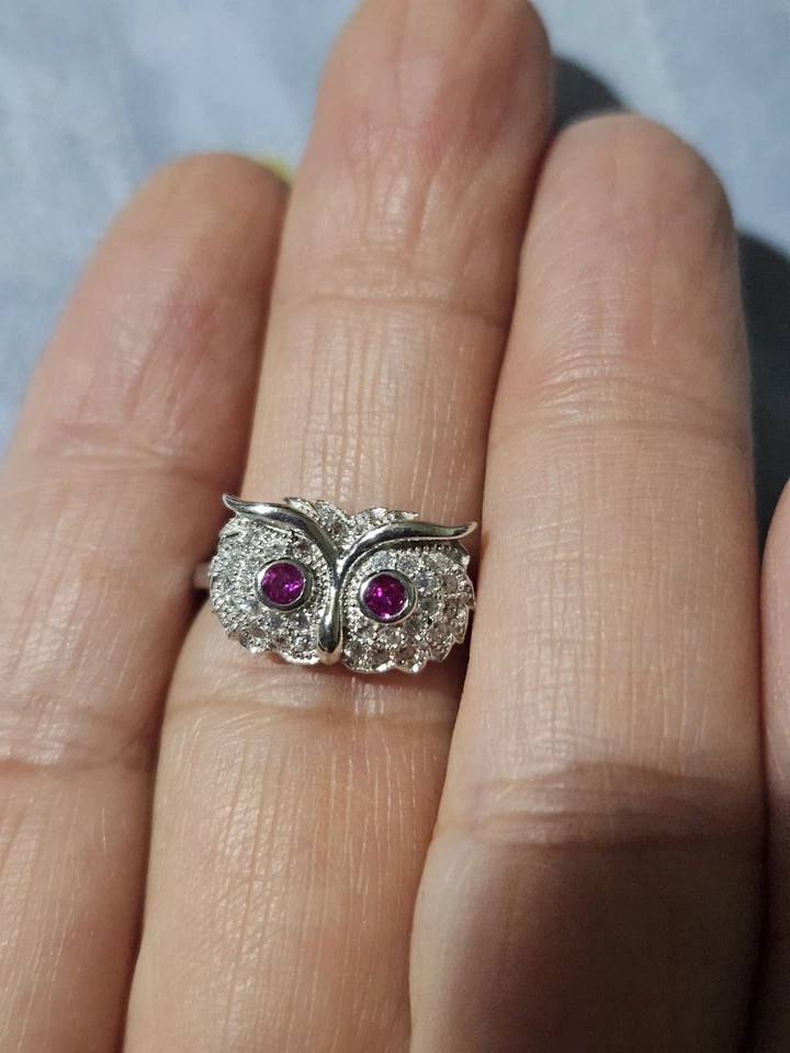Anel de coruja 925 simulado olhos de rubi tamanho 6,5 - Imagem 1 de 4