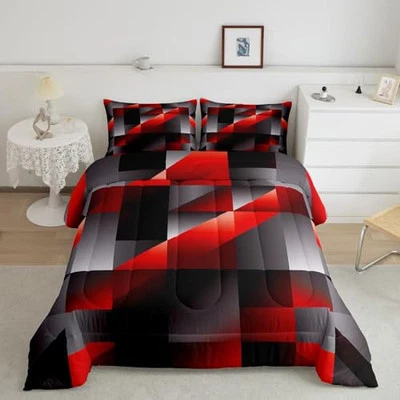  Juego de edredón geométrico rojo y negro para niños tamaño queen para niños  Foto 1 de 4