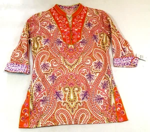 Neiman Marcus Womens Tunic Blouse Sz M Pink/Orange Paisley 3/4 Sleeve NWT $248 - Picture 1 of 9