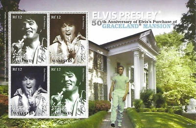 Hoja de estampillas de recuerdo de Elvis Presley RF12 Maldivas 4 estampillas 2006 Graceland Mansion Foto 1 de 4