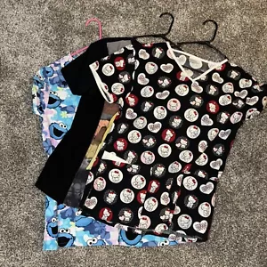 Lot 3 Wms Scrub Top V-NECK S/SLV Hello Kitty Disney Sesame Street Small - Picture 1 of 9