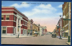 Chippewa Falls Wisconsin wi Bridge Street linen postcard - Picture 1 of 2