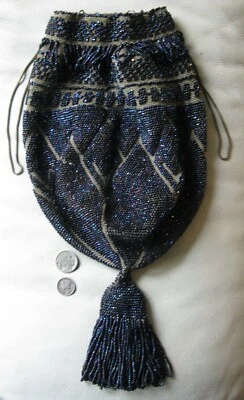 Antique Tan Crochet Iridescent Peacock Blue Bead Ball Tassel Flapper Purse - Image 1 of 4