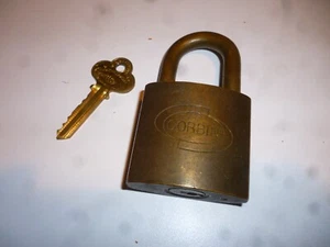 Vintage solid brass, heavy Corbin Padlocks with Key 3 1/2" x 2" - Picture 1 of 8