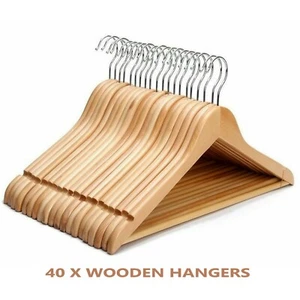40 X NATURAL WOODEN COAT HANGERS SUIT GARMENTS CLOTHES WOOD TROUSER BAR SET - Picture 1 of 1