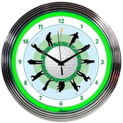 Golf Golfer Green Neon Wall Clock 15" Diameter 8GOLFR Neonetics - Image 1 of 4