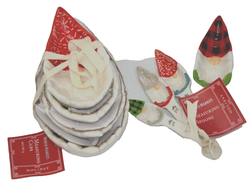 Gnome Measuring Cups & Spoons Christmas Ceramic World Market Set Holiday Elves - Image 1 of 3