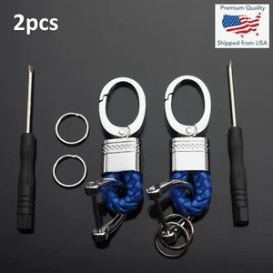 2pcs Blue & Silver Woven Leather Fob D-Ring Keychain Key Split Rings Holder Clip - Picture 1 of 3