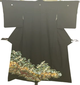 Kimono Tomesode japonés vintage poliéster grúa negra escudo familiar altura 64 pulgadas - Imagen 1 de 23