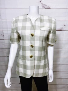 Kasper A.S.L. Petite Womens Jacket Size 10P Beige Plaid Button Up Short Sleeve - Picture 1 of 9