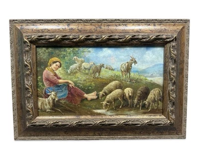 Antiguo PAISAJE PASTORAL JOVEN DAMA PASTOR Y OVEJA CABRA PAÍS PINTURA ANTIGUA Foto 1 de 4