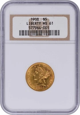 1908 $5 Gold Liberty Head MS61 NGC - Image 1 of 4