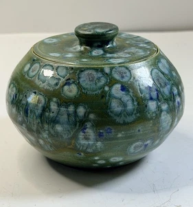 Studio Art Pottery Marmeladendose Zuckerdose Honigtopf mit Deckel Künstler grün blau signiert - Bild 1 von 11