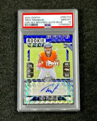 2024 Zenith TROY FRANKLIN Rookie COR TKT RPS PREV BLUE AUTO #/24 RC PSA 10-POP 1 - Image 1 of 4