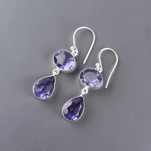 Anniversary Gift For Her Natural Iolite Gemstone Drop/Dangle Earrings 925 Silver - Picture 1 of 6