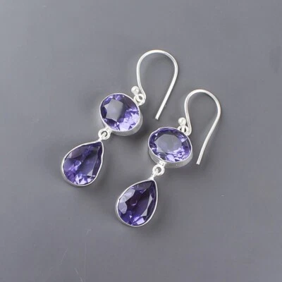 Anniversary Gift For Her Natural Iolite Gemstone Drop/Dangle Earrings 925 Silver - Image 1 of 4