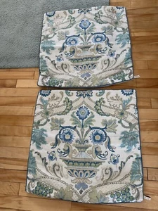 2 DESIGNS BY SUDI Linen Pillow Covers 22”X22” Blues Greens Cream Center Florals - Picture 1 of 10