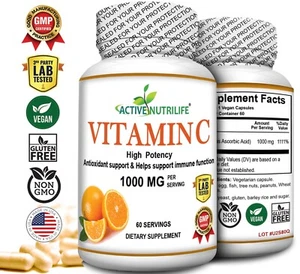 Pure Ascorbic Acid VITAMIN C Powder 1000 mg-60 VEGAN CAPSULES Made In USA - Picture 1 of 3