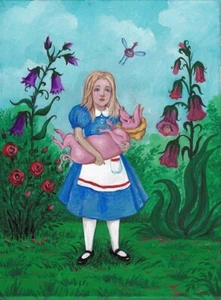 ACEO ALICE IN WONDERLAND PIG RYTA LANDSCAPE ILLUSTRATION ART FOLK GARDEN flower - Picture 1 of 1