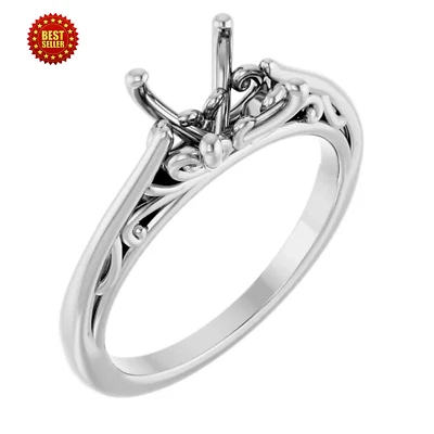 14K White Gold Ring Setting Princess Cut Solitaire Scroll Inspired Mounting USA - Image 1 of 4