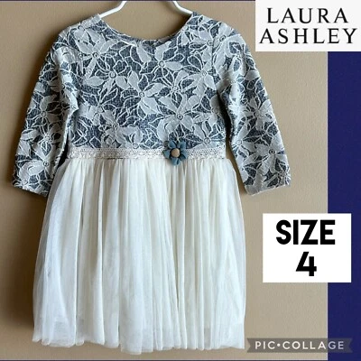 LAURA ASHLEY London Girls Dress Blue Cream Long Sleeve Flower Lace Tulle Lined 4 - Image 1 of 4