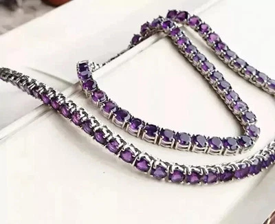 Collar Tenis Mujer Amatista 4mm Creado en Laboratorio Redondo 27Ct Chapado en Oro 14KWh 18" Foto 1 de 4