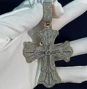 FINE MENS 3.0Ct Round Cut Moissanite Cross Pendant 14K White Gold Plated Silver - Picture 1 of 4