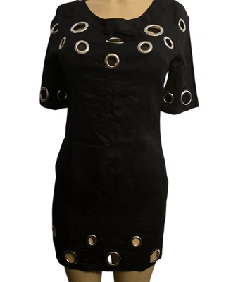 Mini Vestido TOV Mangas Cortas Talla-SP Lino Algodón Tejido Plata Anillos Cremallera Negro Foto 1 de 4
