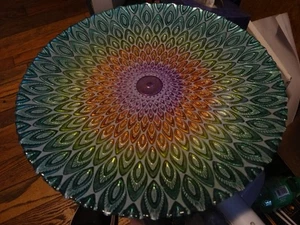 TOPKAPI TURKISH ART GLASS PEACOCK FEATHER DESIGN IRIDESCENT 13" PLATTER ON STAND - Picture 1 of 2