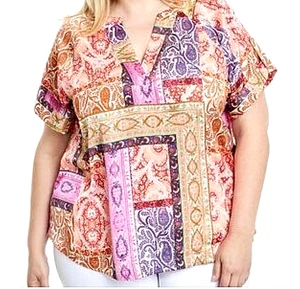 JM Collection Blouse Women's XL Earthtone Patchwork Floral V-Neck Short Sleeve - Picture 1 of 13