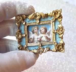 dollhouse miniature 2 CHERUBS in blue and gold Angels FRAMED PRINT 1:12 blonde - Picture 1 of 4