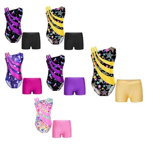 Kids Girls Dance Set Shiny Leotard With Shorts Patchwork Sports Suit Training - Picture 1 of 82