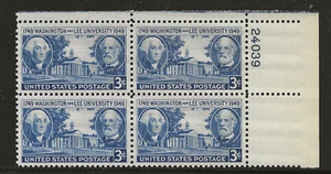 US Scott #982, Plate Block #24039 1949 Washington & Lee 3c FVF MNH Upper Right - Picture 1 of 1