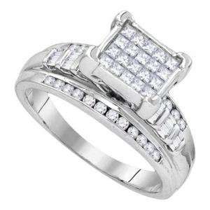 Sterling Silver Princess Diamond Square Cluster Bridal Wedding Engagement Ring - Picture 1 of 1