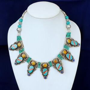Tibetan Natural Amber Turquoise Handmade Beaded Super Jewelry Choker Necklace