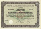 Grund Bank Aktiengesellschaft - Leipzig - Aktie - 1936 - 100 Reichsbank