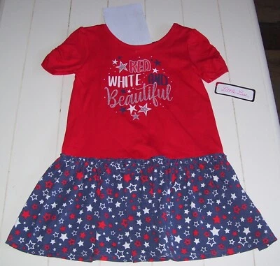 Girls Little Lass Red White and Beautiful Star Glitter July 4th Dress 4T - Image 1 of 4