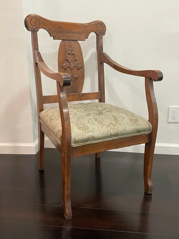 Elegant French Antique Side Chair * Desk Chair W/ Ornate Back Panel Medallion Cover