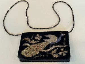 VTG Unbranded Black Velvet  Bead Embroidered Peacock Purse Clutch W Strap $ Drop - Picture 1 of 7