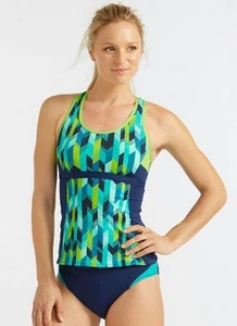 LL Bean Size 10 Tankini Bikini 2 Piece Racerback Chevron Blue Green - Picture 1 of 15