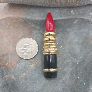 Vintage Brosche Anstecknadel rot Lippenstift schwarz Emaille Strass unsigniert - Bild 1 von 8