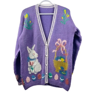 Cárdigan de Pascua tejido a mano de colección suéter púrpura conejito huevo botón delantero primavera mediano - Imagen 1 de 8